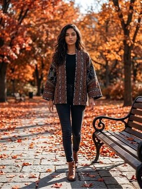 Open-Front Aztec Knit Cardigan Sweater - Rust Multi